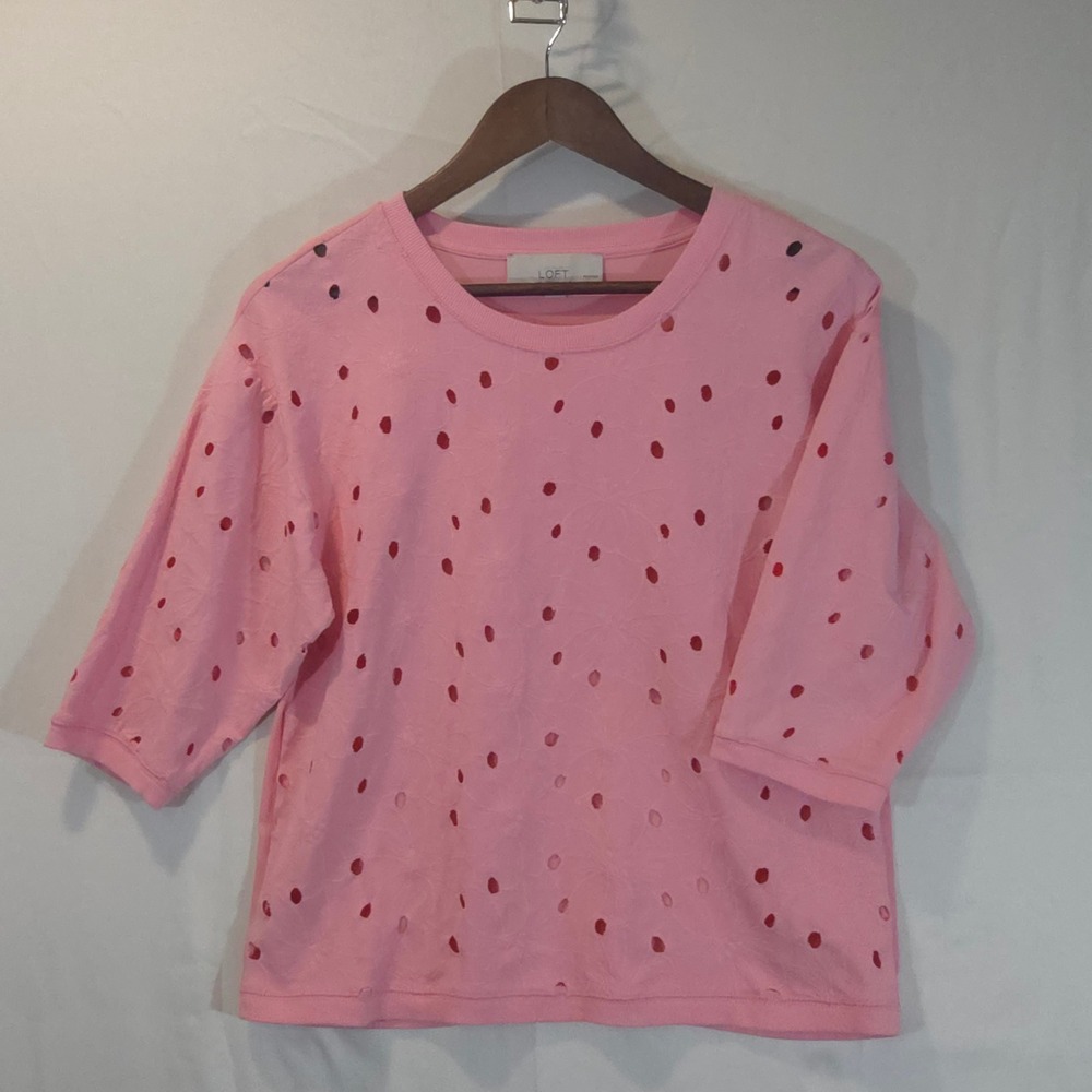 Ann Taylor LOFT Petites Pink Eyelet Embroidered 3/4 Sleeve Crew Neck Top SP